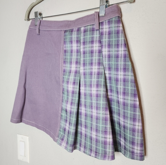 NWT Papermoom Mixed fabric Denim Pleated mini skirt. Purple green. Size Medium. - Picture 12 of 16